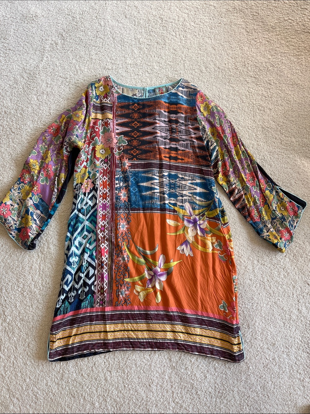 Johnny Was Orange & Multicolor Island Floral Silk Dress